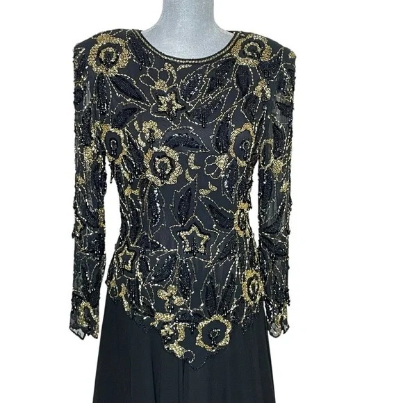80's Oleg Cassini Couture Gold Sequin Beaded Silk Dress size 8